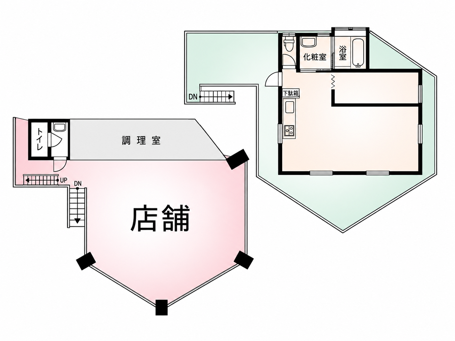 2階店舗・3階住居の間取り図
